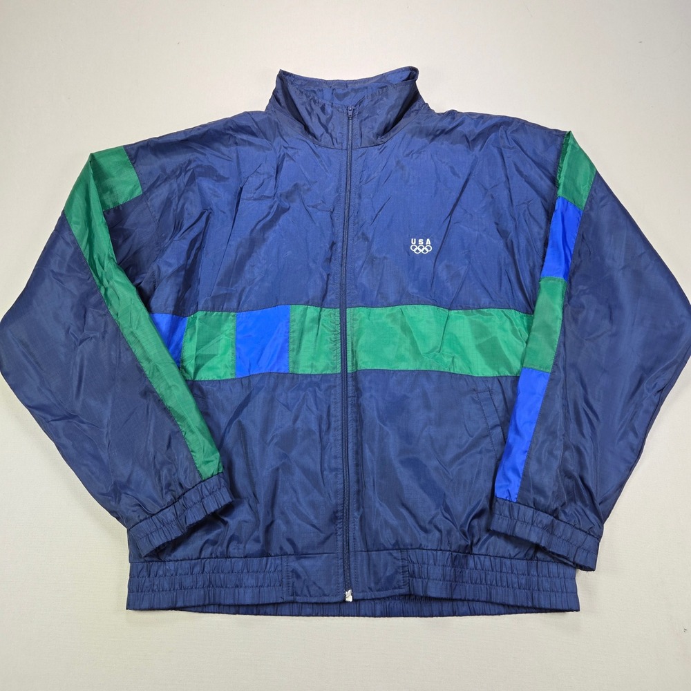 JCPenney USA Olympics Windbreaker Vintage 90s Colorblock Navy Green Mens Medium